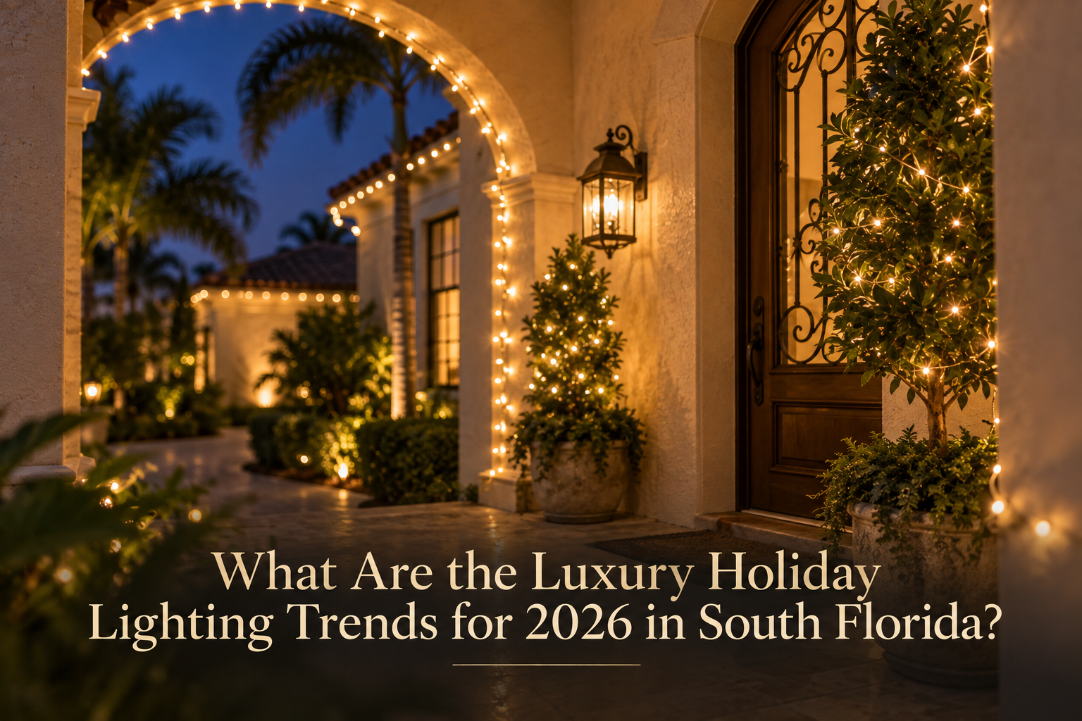 Close-up of warm white holiday lighting on Mediterranean archway
