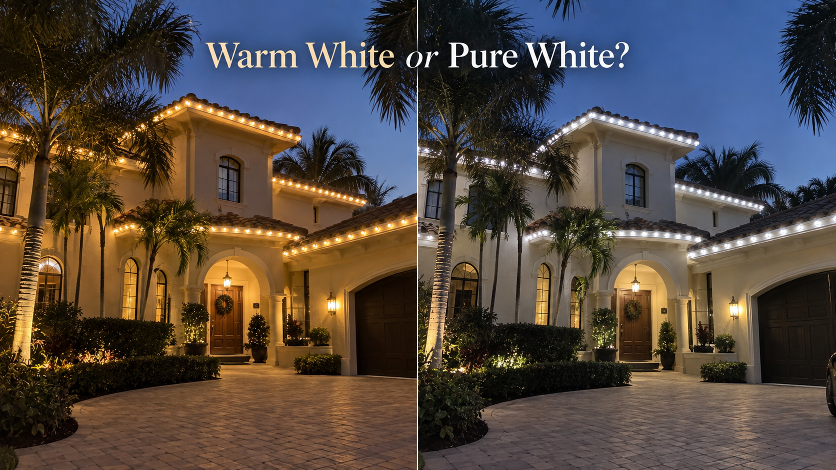 Mediterranean home compared in warm white and pure white LED holiday lighting
