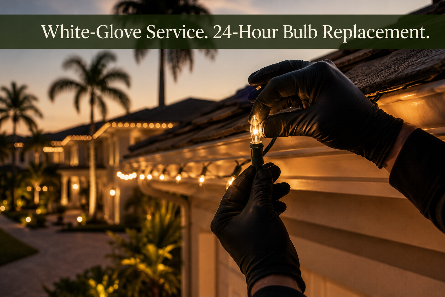 Installer adjusting Christmas lights during white glove hanging service
