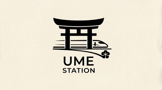 Black torii gate logo with “UME STATION” text on a beige background.