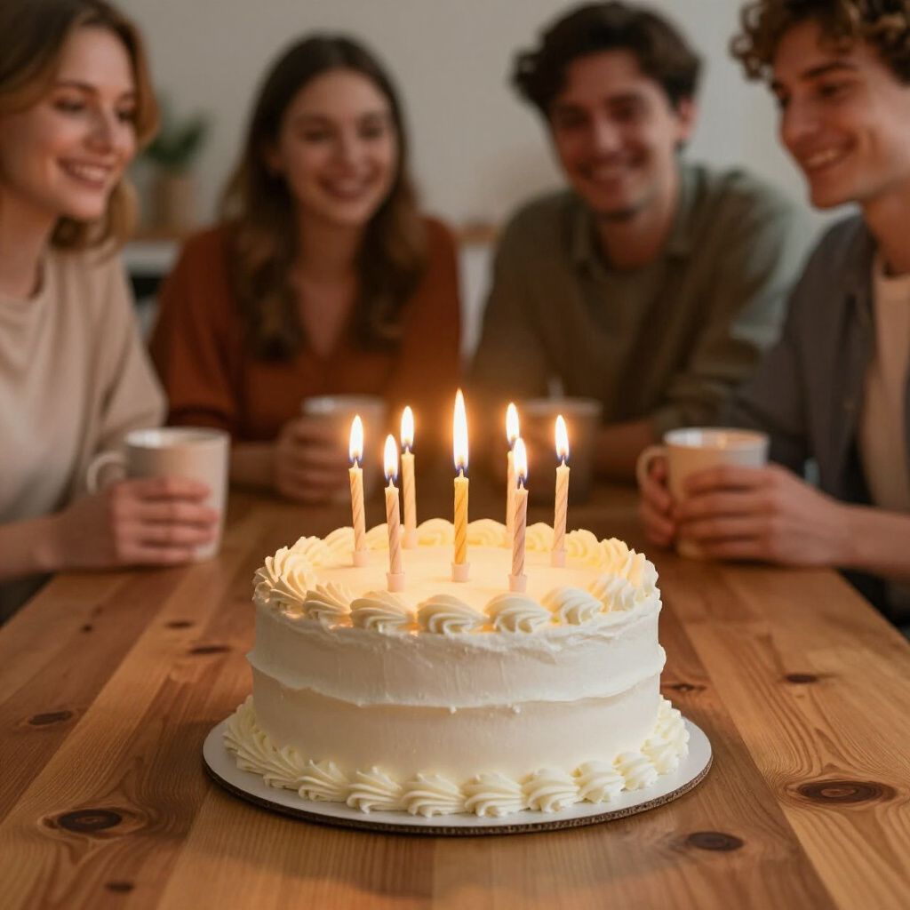 Gâteau d'anniversaire avec des bougies allumées sur une table en bois ; quatre personnes souriantes en arrière-plan, tenant des tasses.