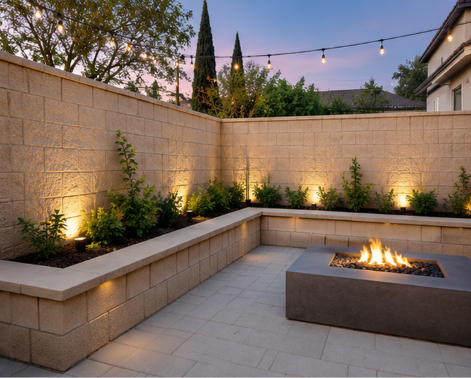 Modern outdoor patio with a beige decorative block wall, built-in planter seating, landscape lighting, string lights, and a contemporary gas fire pit at dusk.