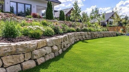 Stone retaining wall with a green lawn in front and a garden with plants and a house behind.