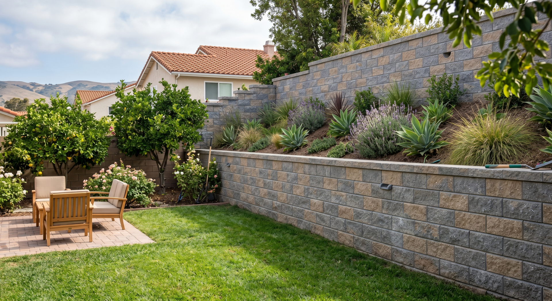“Decorative stone retaining wall bordering a green backyard with plants and a patio during a block and retaining wall service in Santa Ana, CA”