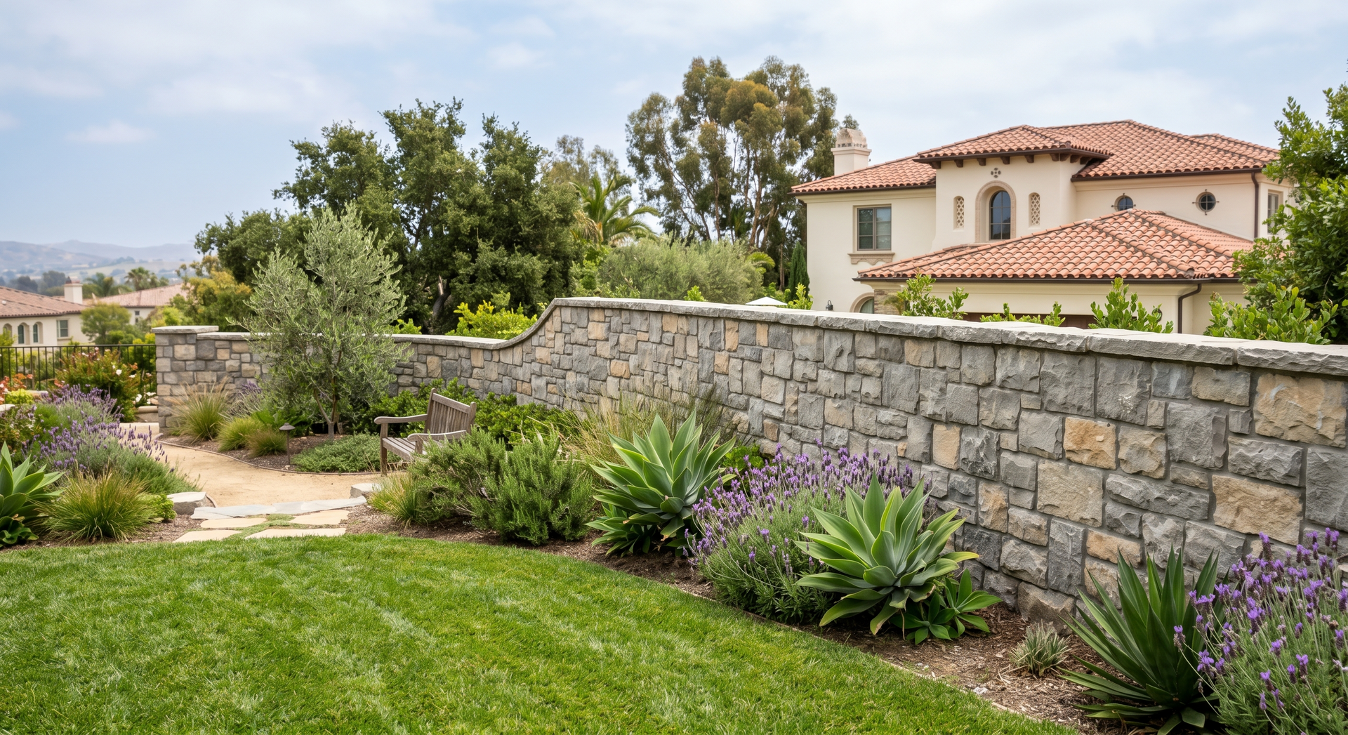 “Stone retaining wall surrounding a landscaped garden with shrubs, flowers, and a home in the background during a block and retaining wall service in Santa Ana, CA”