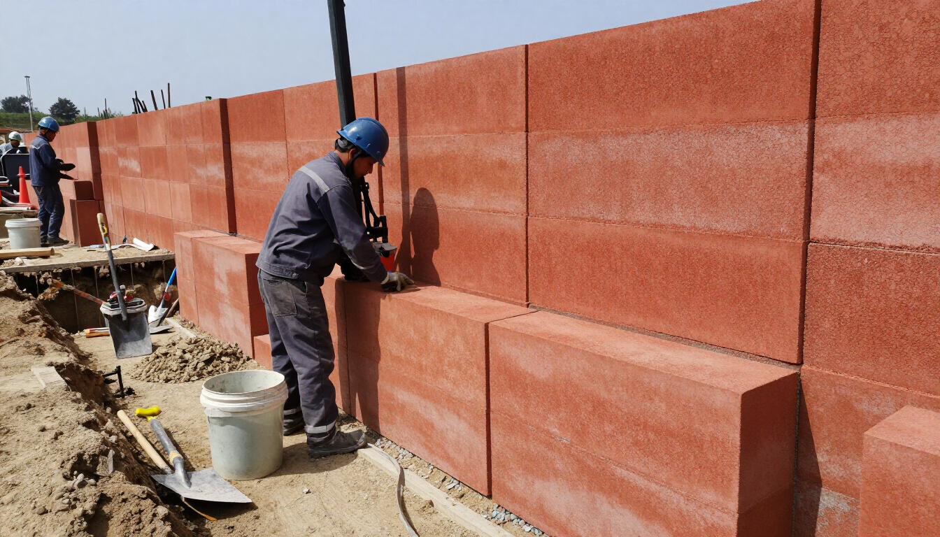 “Worker aligning large red retaining wall blocks to build a sturdy wall during block and retaining wall services in Santa Ana, CA”