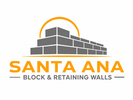 Santa Ana Block & Retaining Walls logo with a gray block wall icon and orange arc design.