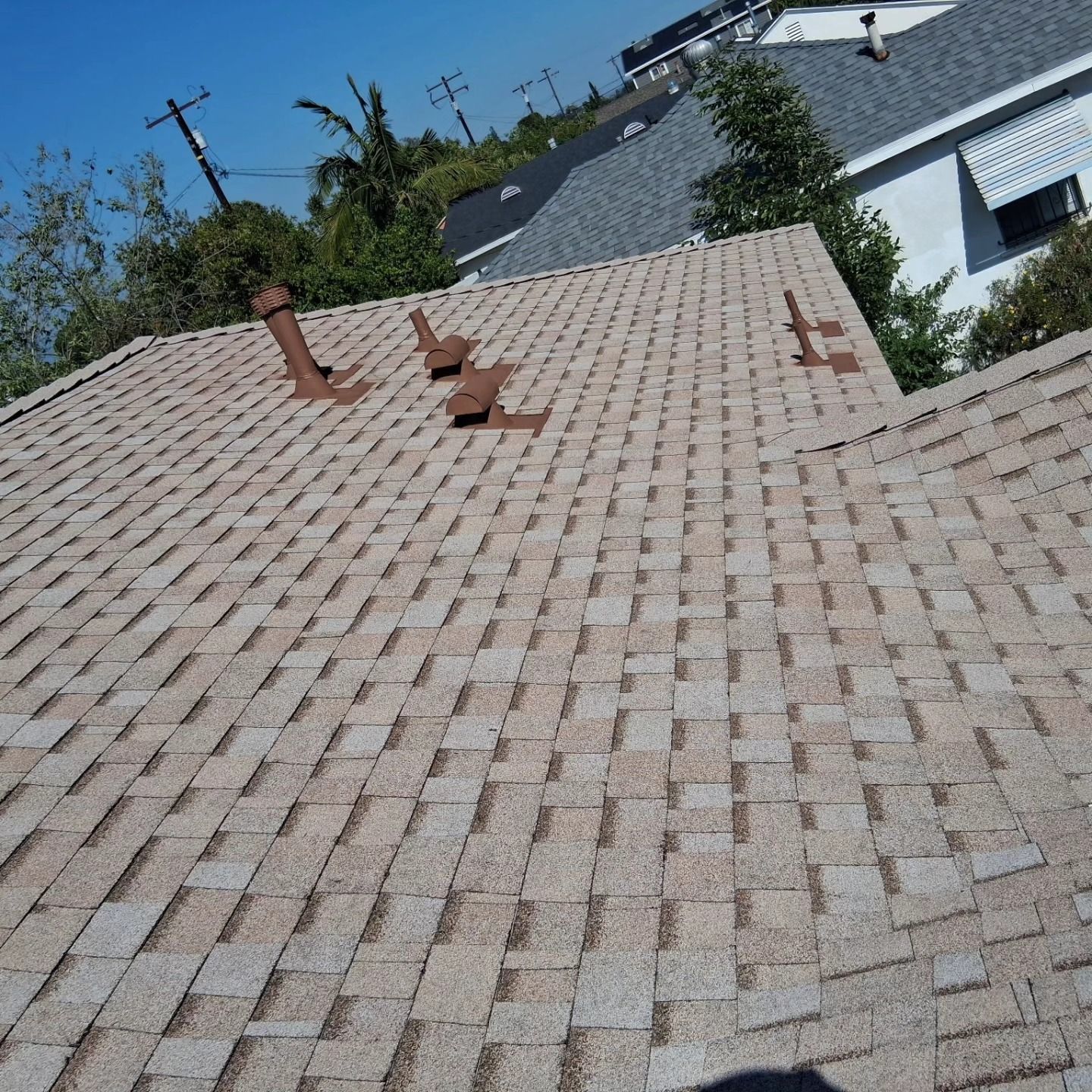 Slanted rooftop with tan shingles and several brick chimneys under a clear blue sky.