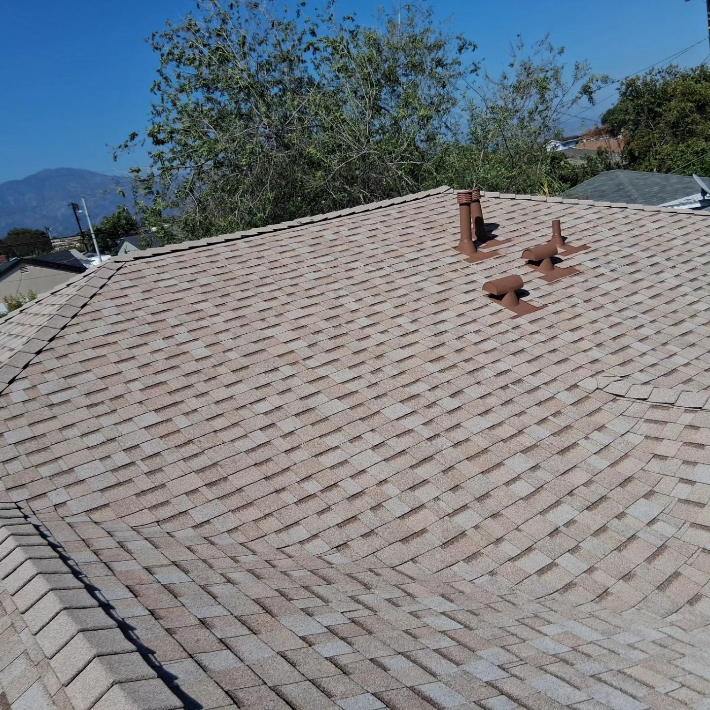 Sloped shingle roof with two vent pipes and trees in the background under a clear blue sky