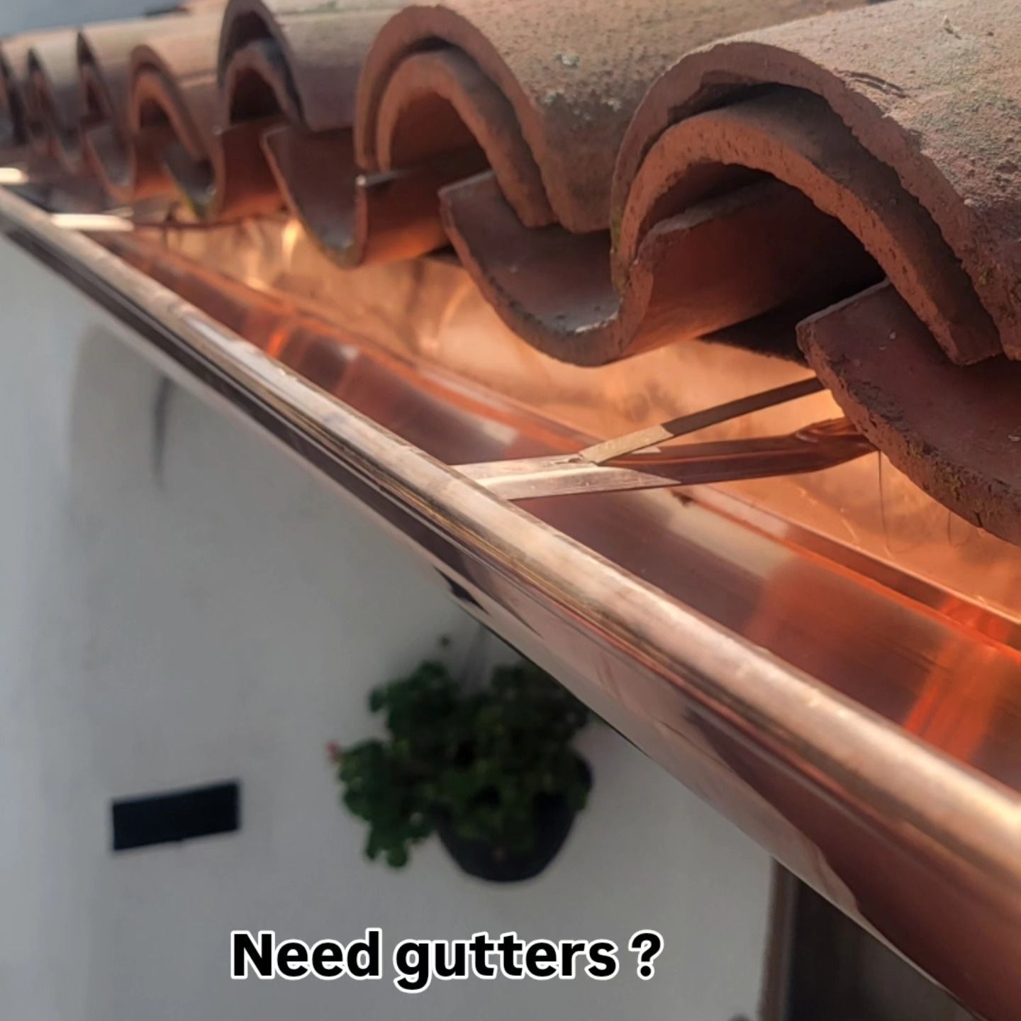 Roof tiles with a gutter channel catching rainwater, with text: “Need gutters?”