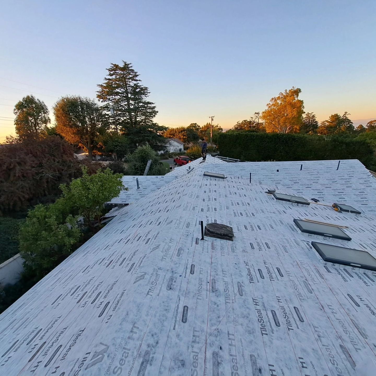 Roof under construction at sunset, with white underlayment and trees in the background.