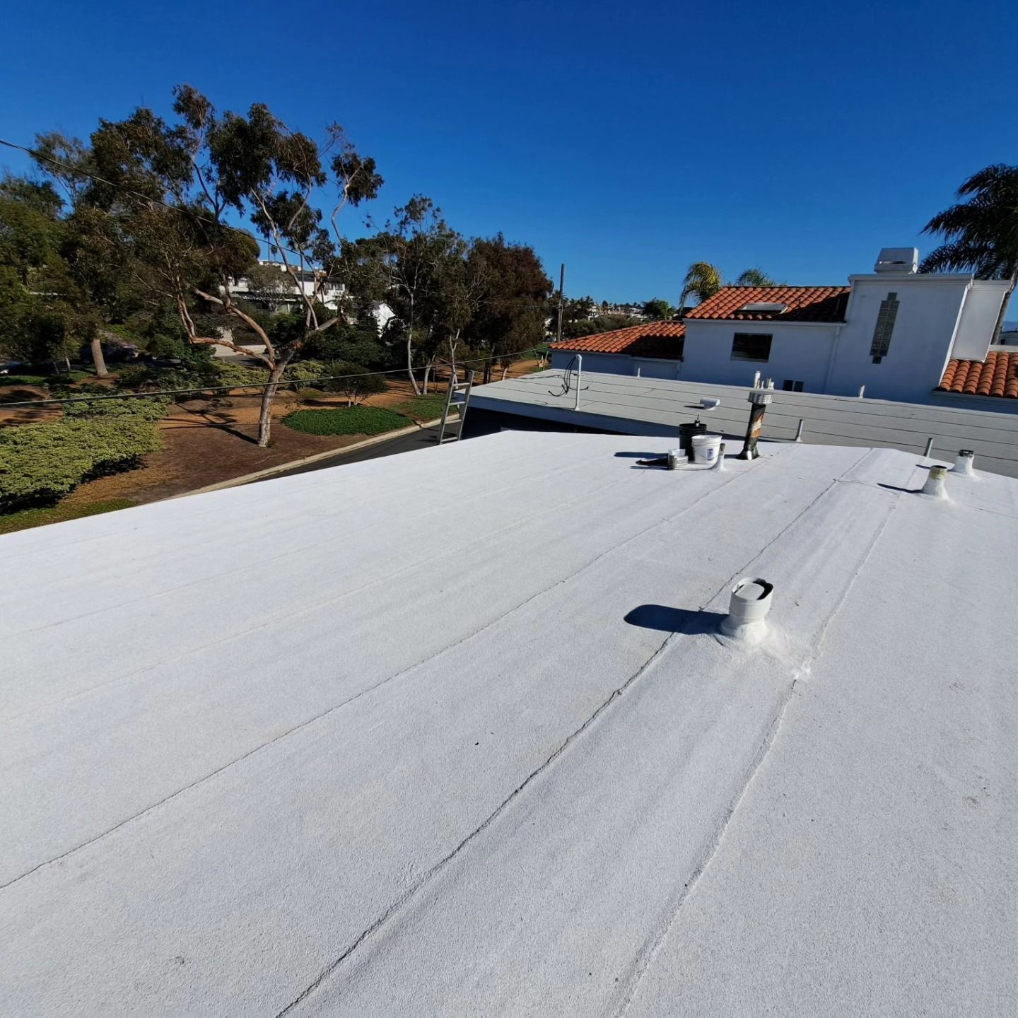 White flat roof under a blue sky, with vents and neighboring houses in the background