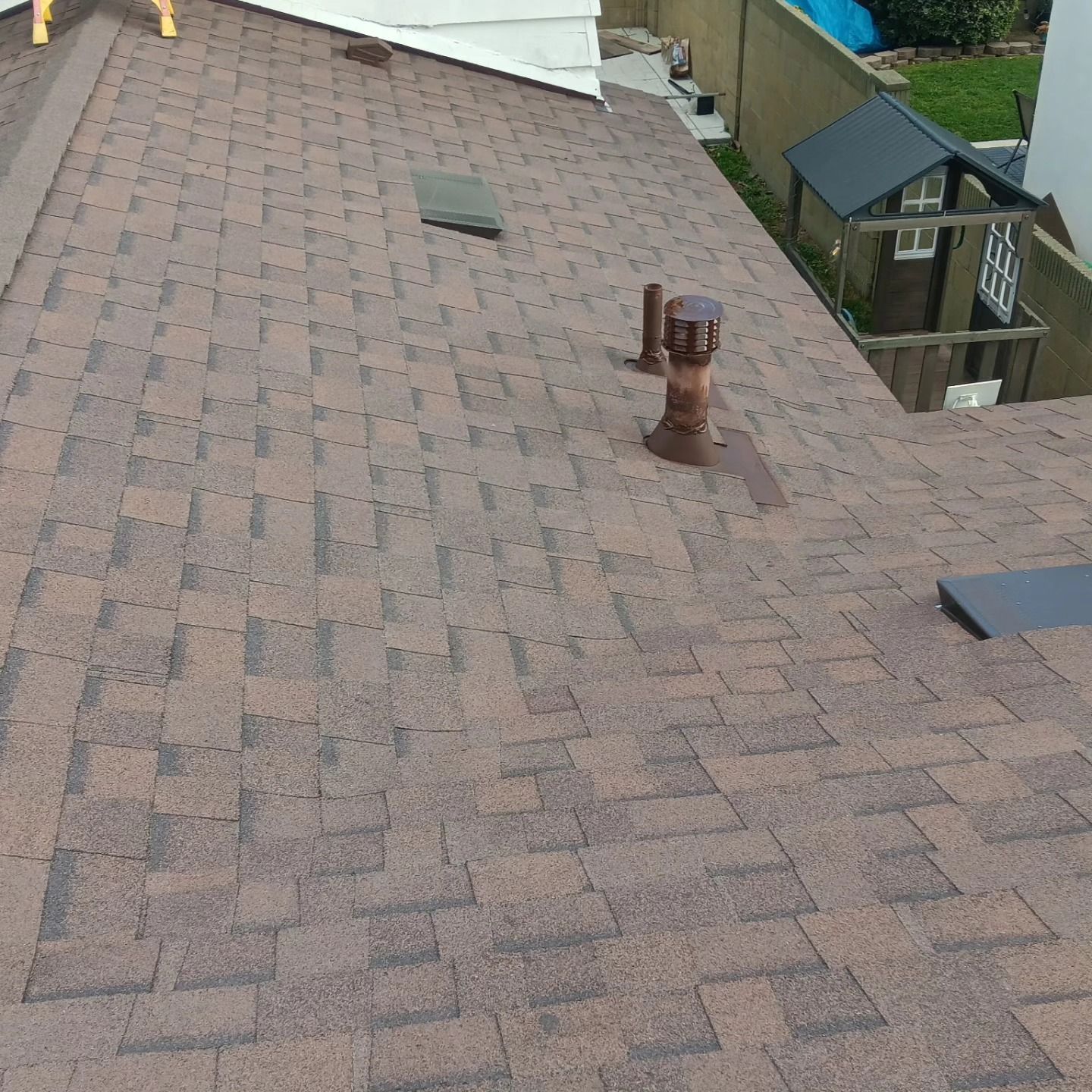 Brown shingled roof with vent pipes and skylight near a backyard stairway