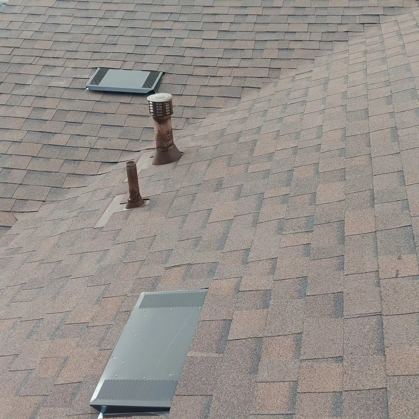 Rooftop with gray shingles, two skylights, and two vent pipes.