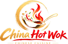 China Hot Wok Chinese cuisine logo with a wok, red flame, and gold chopsticks