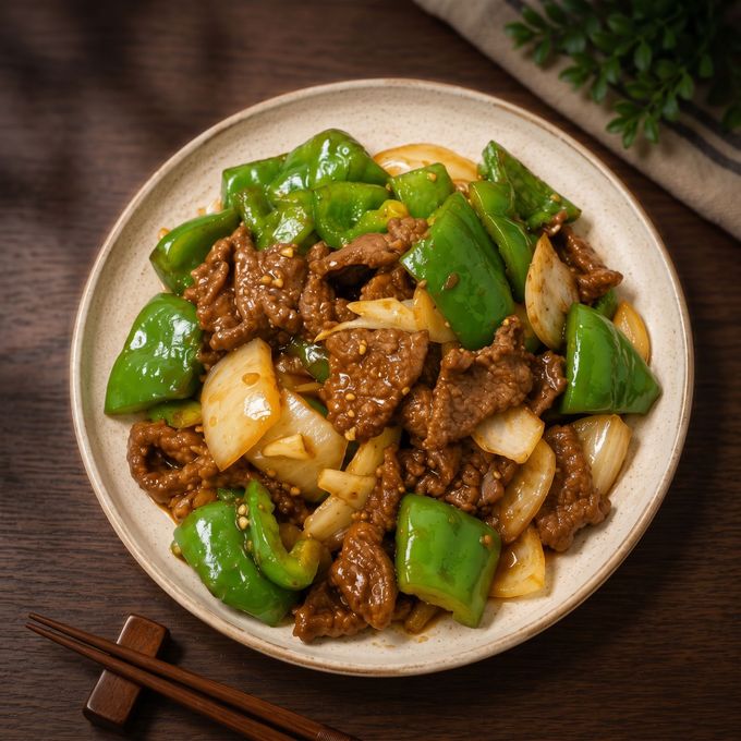 Stir-fried beef with green bell peppers and onions on a white plate with chopsticks