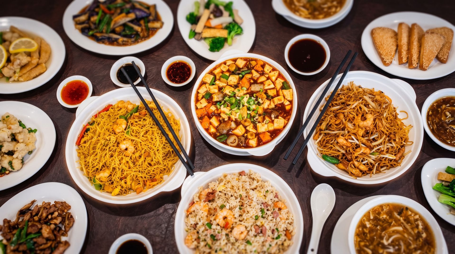 Assorted Asian dishes in bowls and plates arranged on a table, including noodles, tofu, and sauces