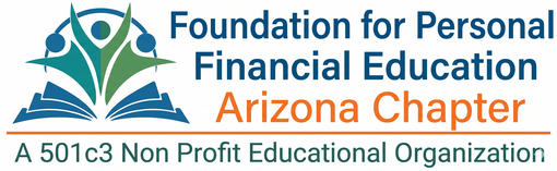 Logo for Foundation for Personal Financial Education, Arizona Chapter, with green and blue book-leaf icon and nonprofit text