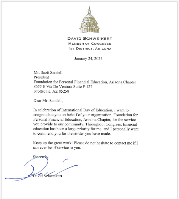 Letter on David Schweikert letterhead, dated January 14, 2015, with signed note and blue signature line
