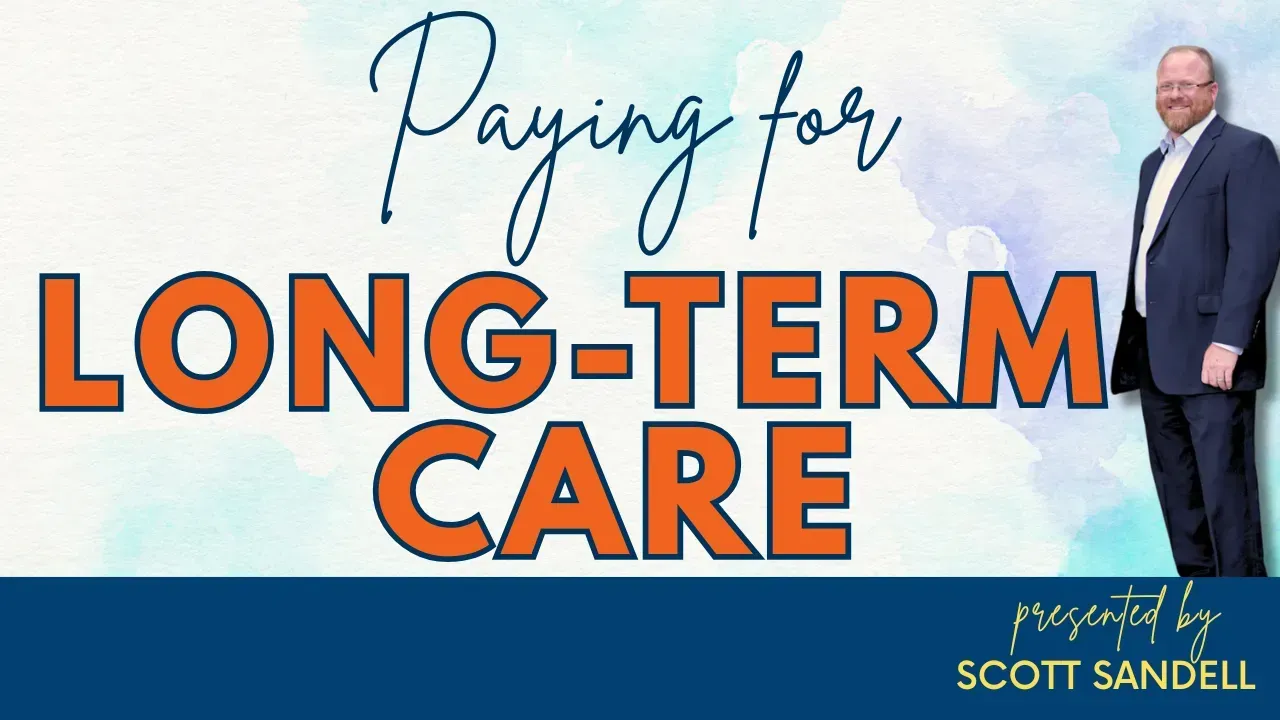 “Paying for LONG-TERM CARE” title graphic with a suited man and Scott Sandell credit on a blue banner