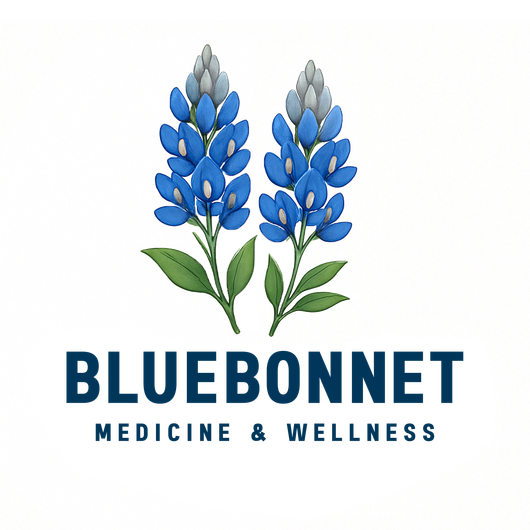 The logo for bluebonnet medicine and wellness shows two blue flowers with green leaves.