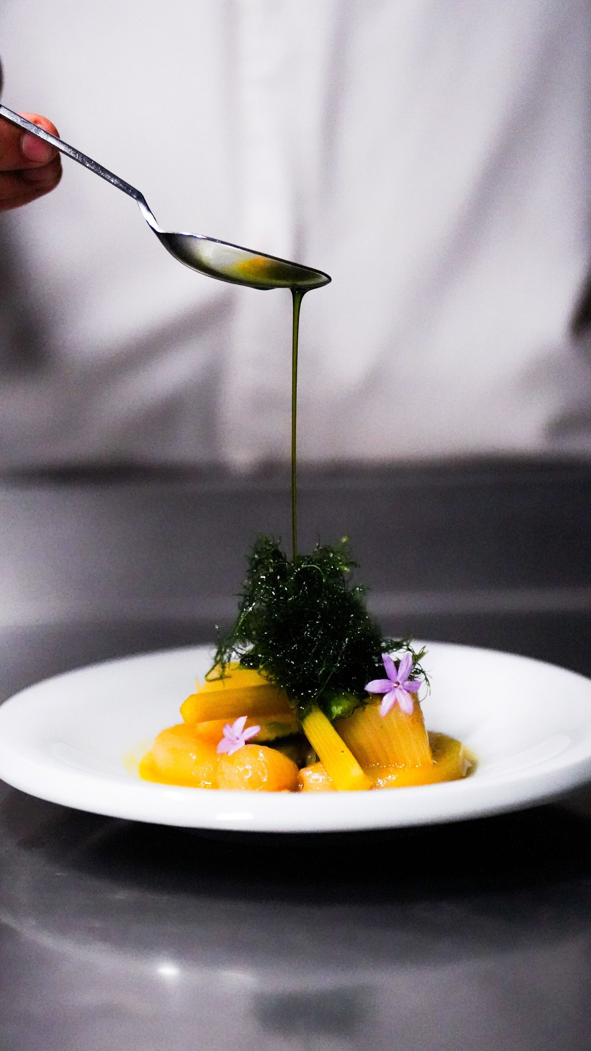  Elemanta Boutique Hotel |  Plated gourmet dish with greens and yellow garnish being drizzled with sauce from a spoon