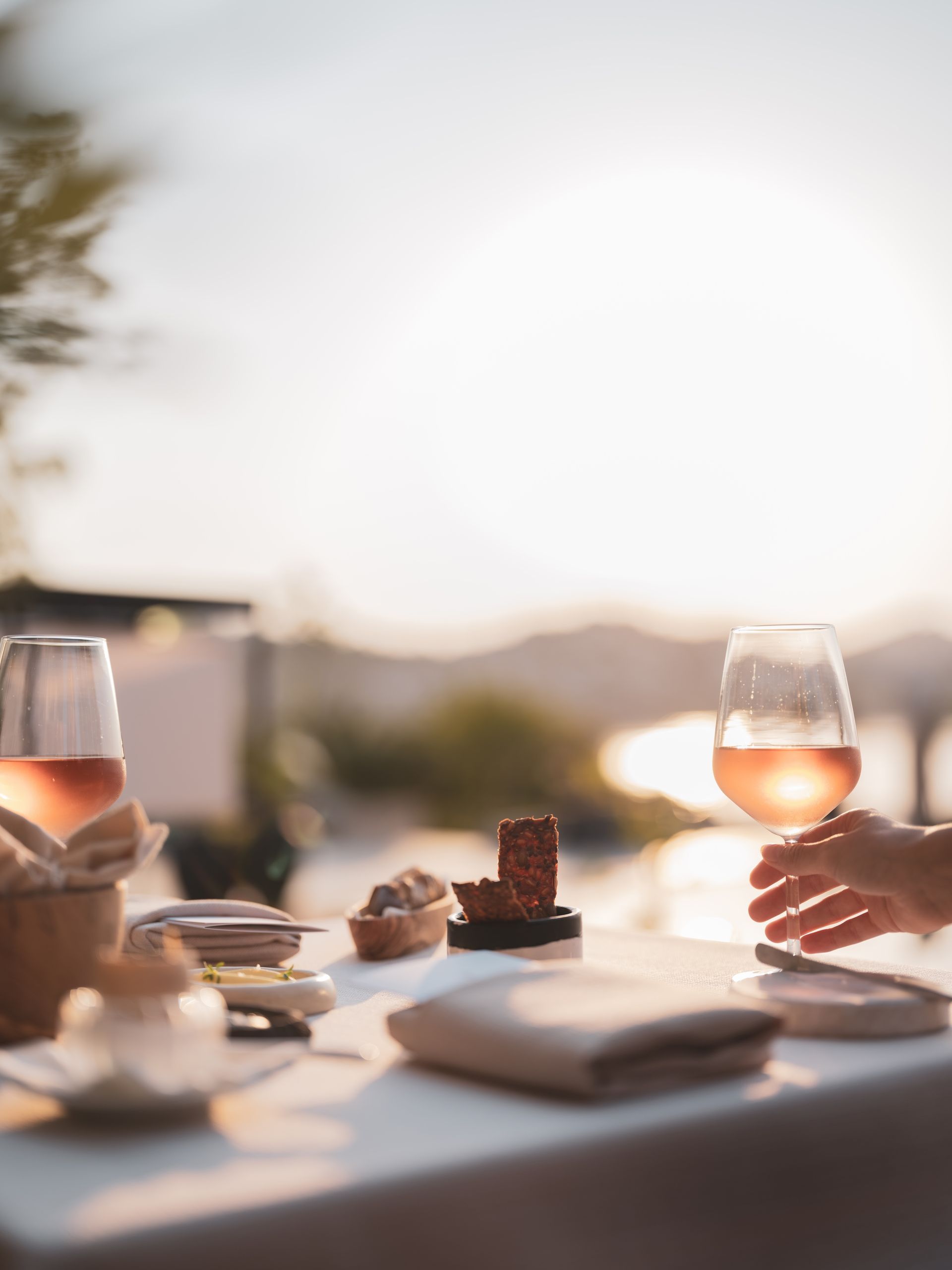 Elemanta Boutique Hotel | Sunlit outdoor table with wine glasses, dessert, and a hand reaching for a drink