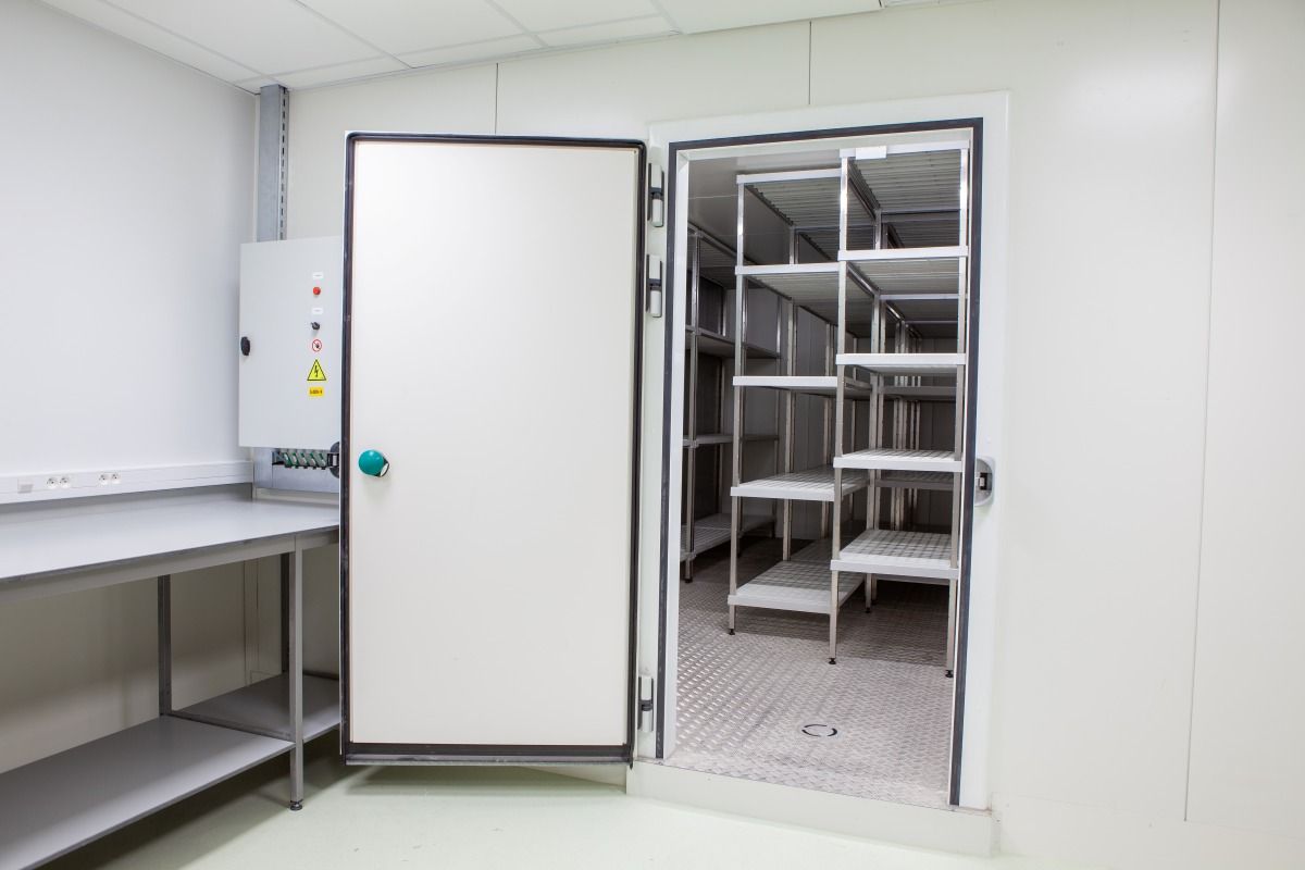 White Walk-In Freezer with Open Door Revealing Shelves — MAE Refrigeration In Innisfail, QLD