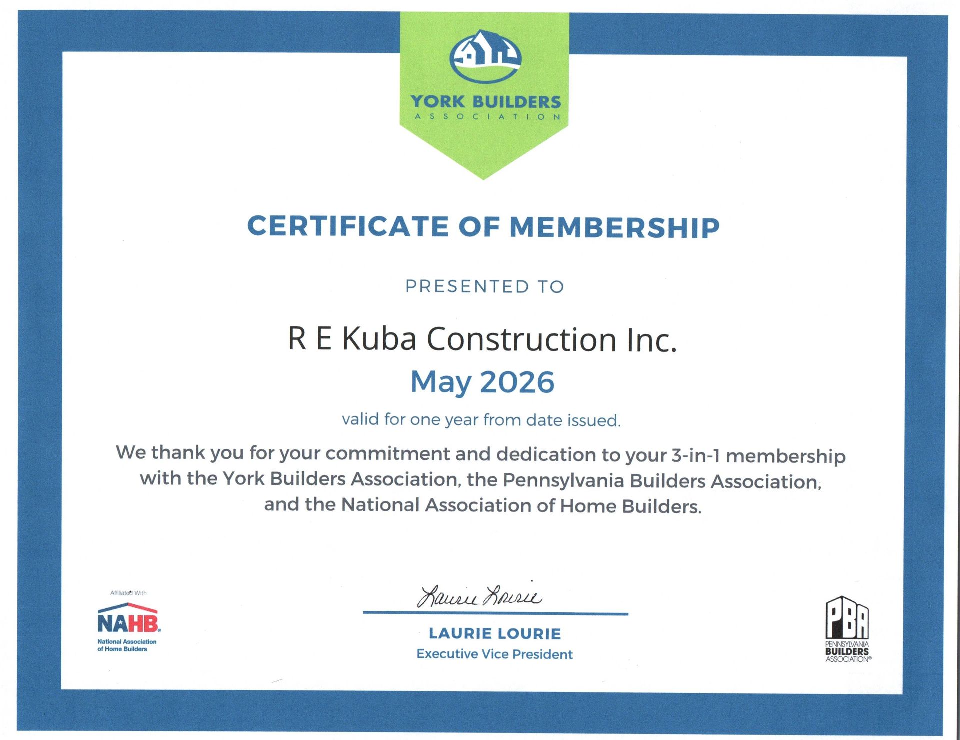 York Builders certificate of membership for R. E. Kubea Construction Inc., May 2026