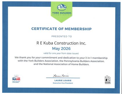 York Builders certificate of membership for R. E. Kubea Construction Inc., May 2026