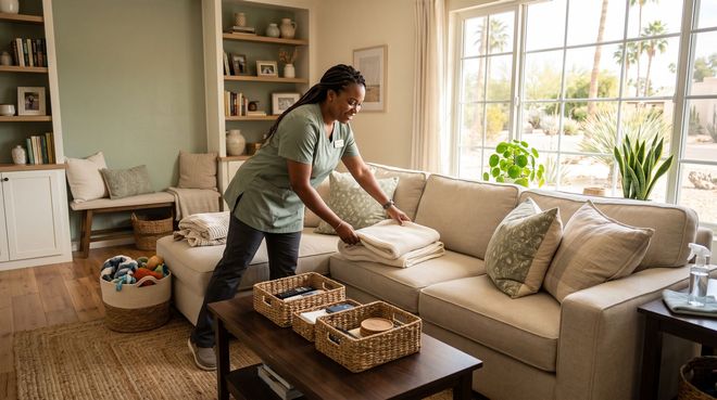 Person arranging cushions on a beige sofa in a sunlit living room.