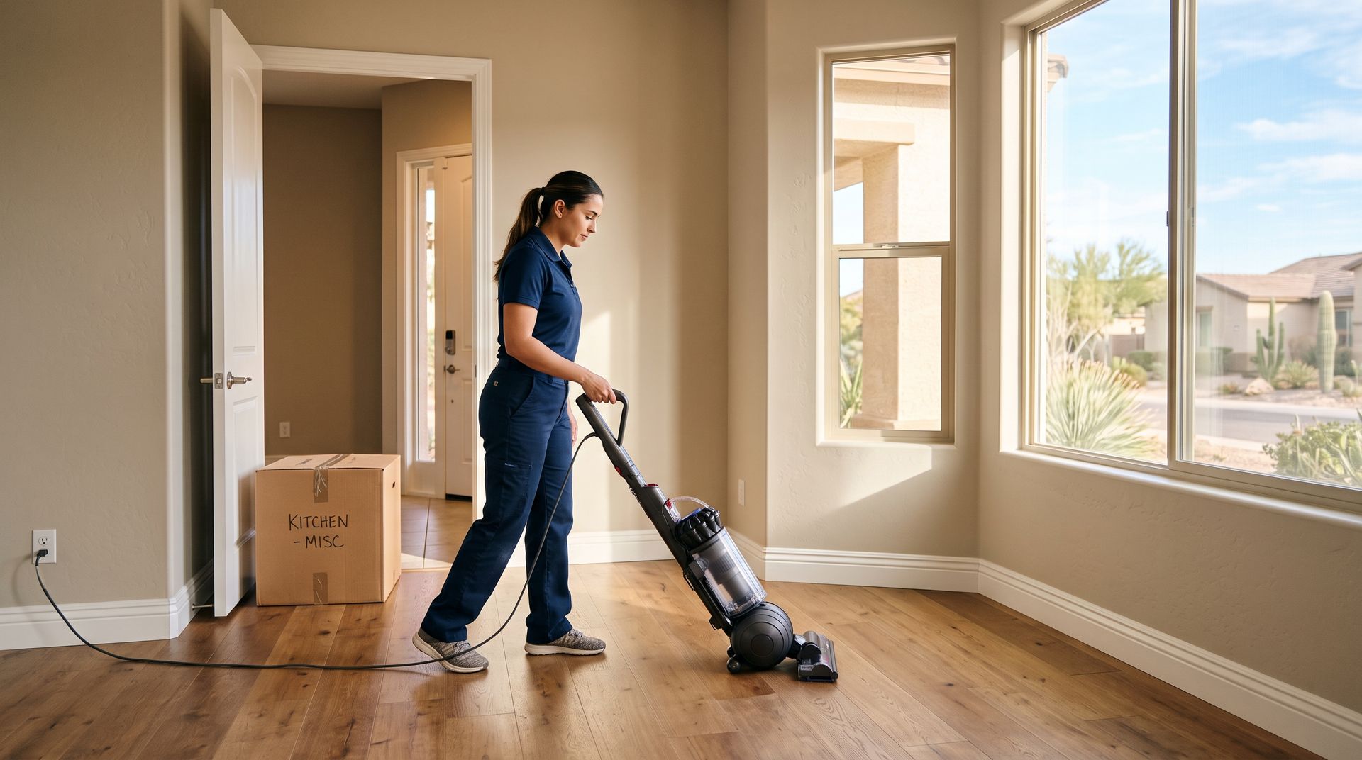 Person vacuuming hardwood floors in a bright, empty living room with large windows.