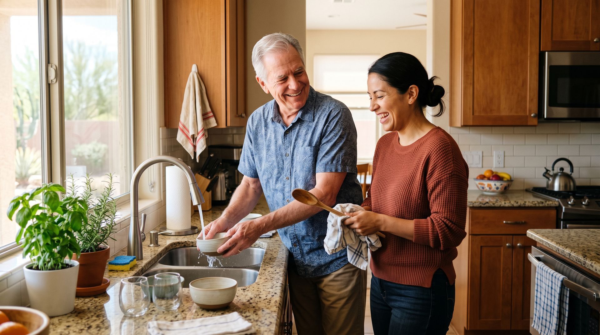 Two people smiling and washing dishes together in a sunlit kitchen