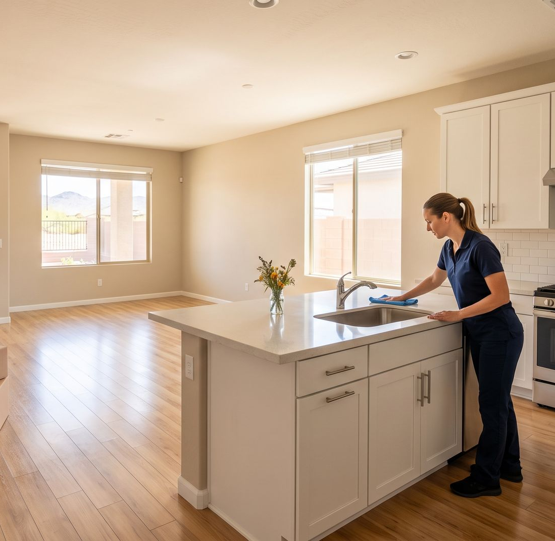Person cleaning a kitchen island in a bright, empty home with hardwood floors and large windows