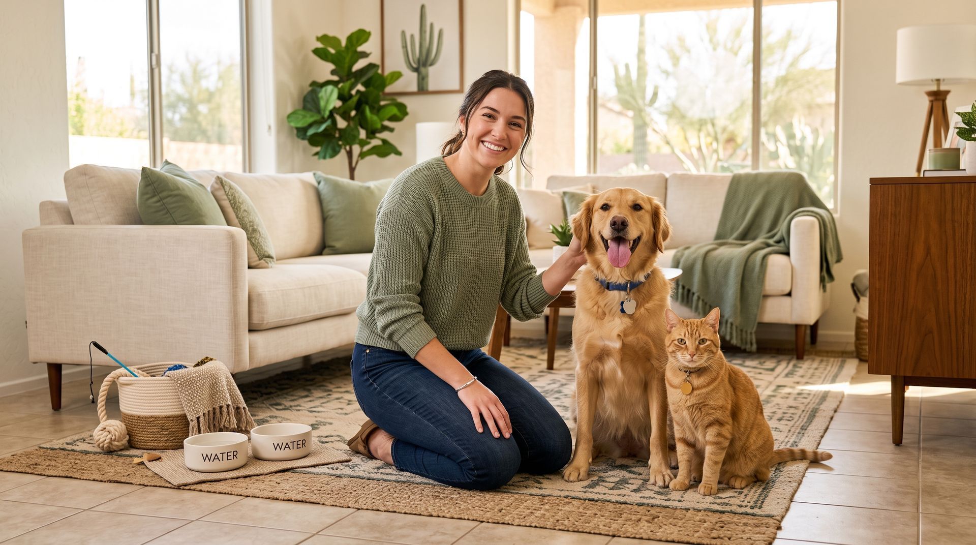 Woman kneeling with a dog in a sunlit living room beside a cat and cozy beige furniture