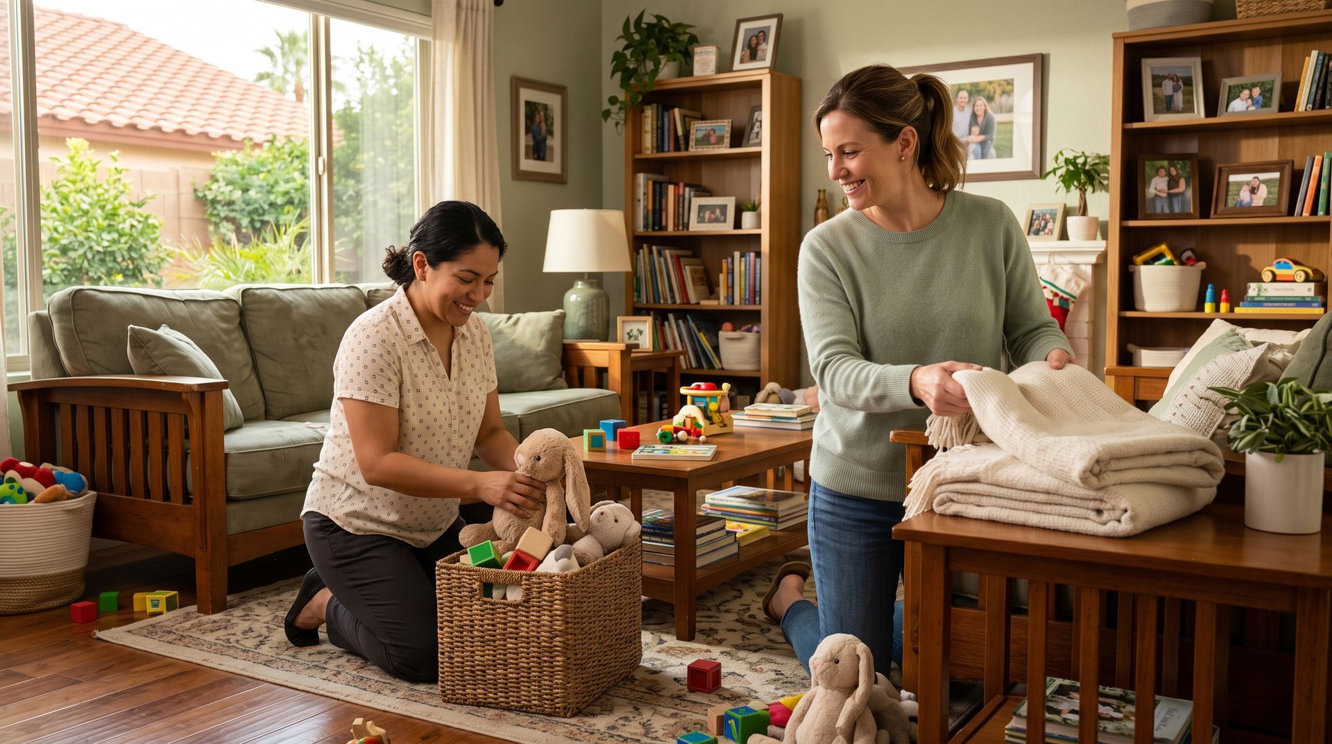 Two people tidy a cozy living room, folding clothes beside a toy-filled basket and coffee table.