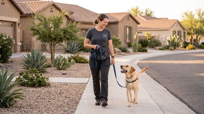 Person walking a golden retriever on a suburban sidewalk past houses and desert landscaping