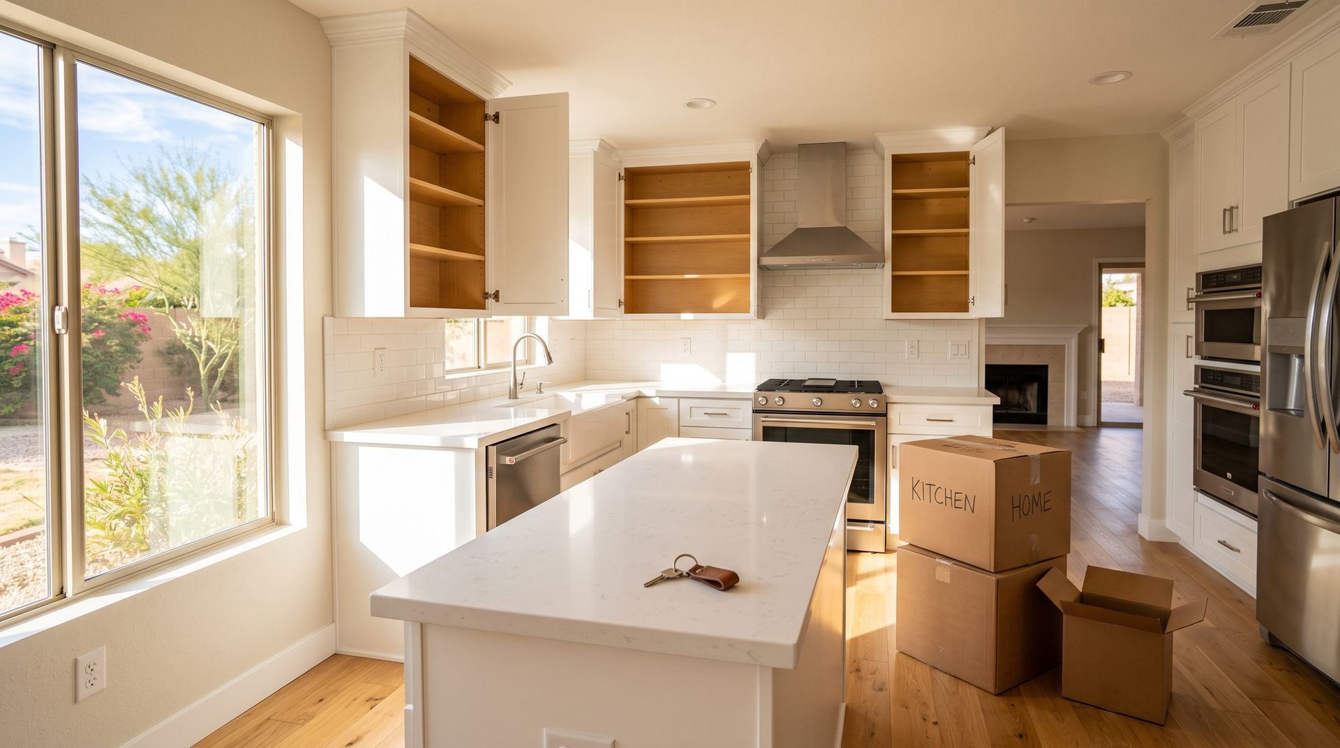 Bright kitchen with white cabinets, island, large window, and moving boxes on the floor.