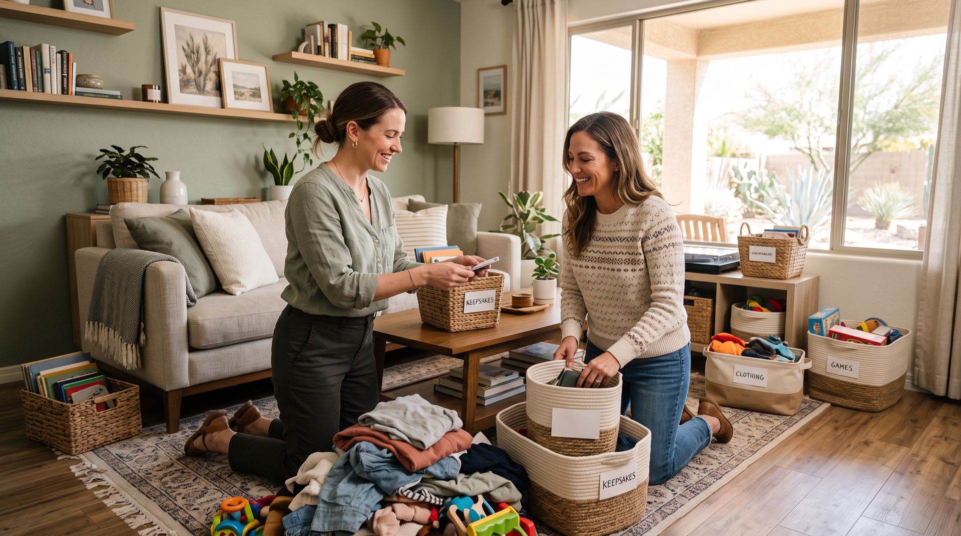 Two women sorting folded clothes and donations in a bright living room with baskets and boxes