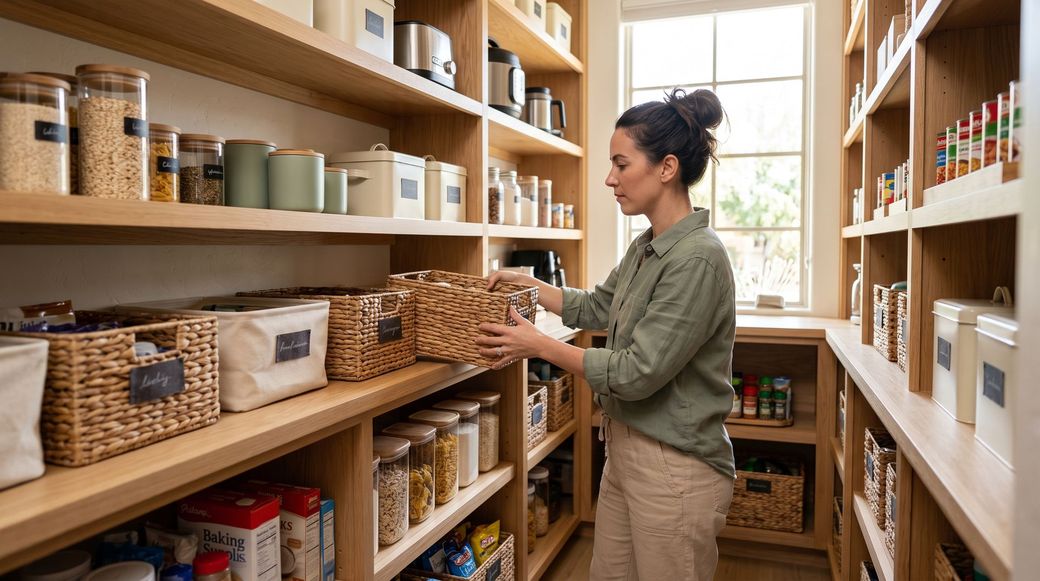 Person stocking jars and baskets on pantry shelves in a bright, organized storage room