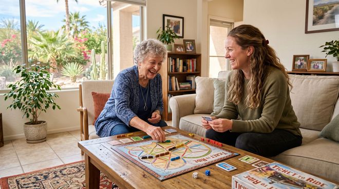 Two people playing a board game at a table in a bright living room