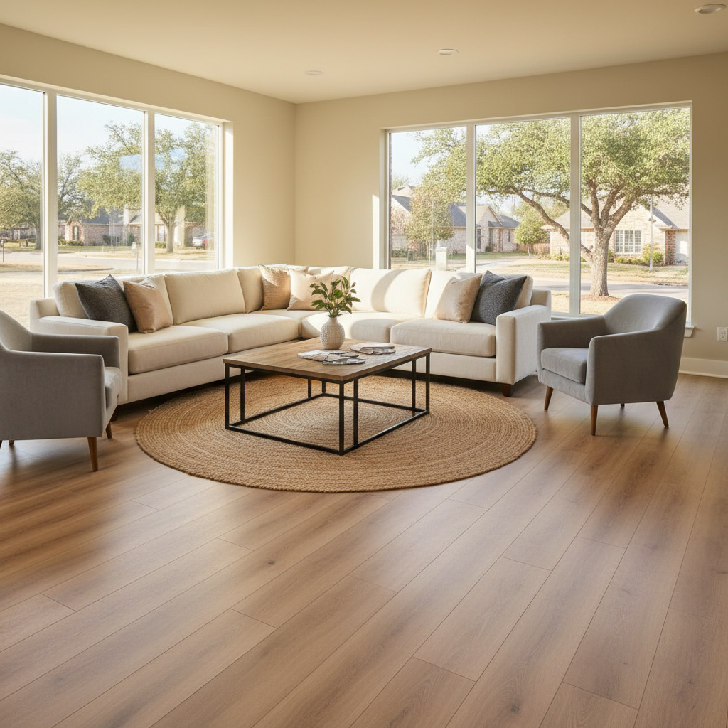 A living room with a sectional sofa, two armchairs, a coffee table, and a round rug by windows.