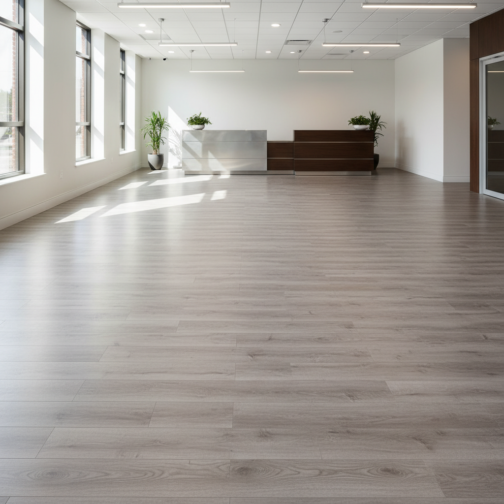 Empty office space with light gray wood-look floor, windows on the left, and a reception desk.