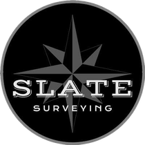 The logo for slate surveying has a compass on it.