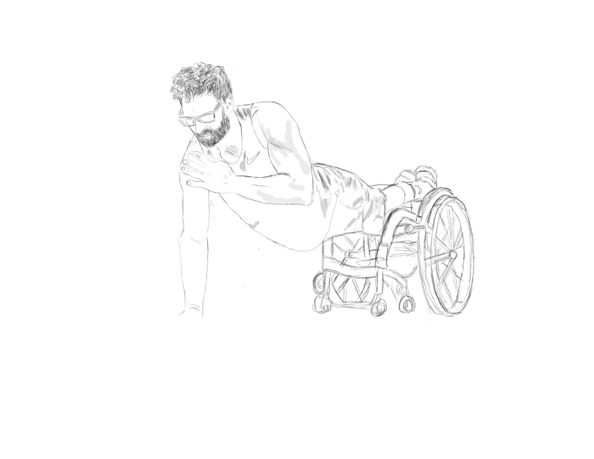A person in a wheelchair performing a push-up, lifting their body using the armrests for support.