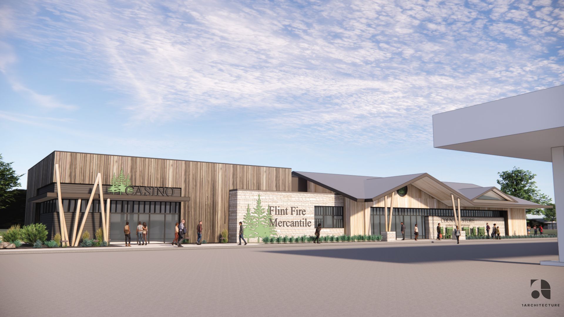 Modern wood-clad shopping center exterior with glass storefronts and a partly cloudy sky