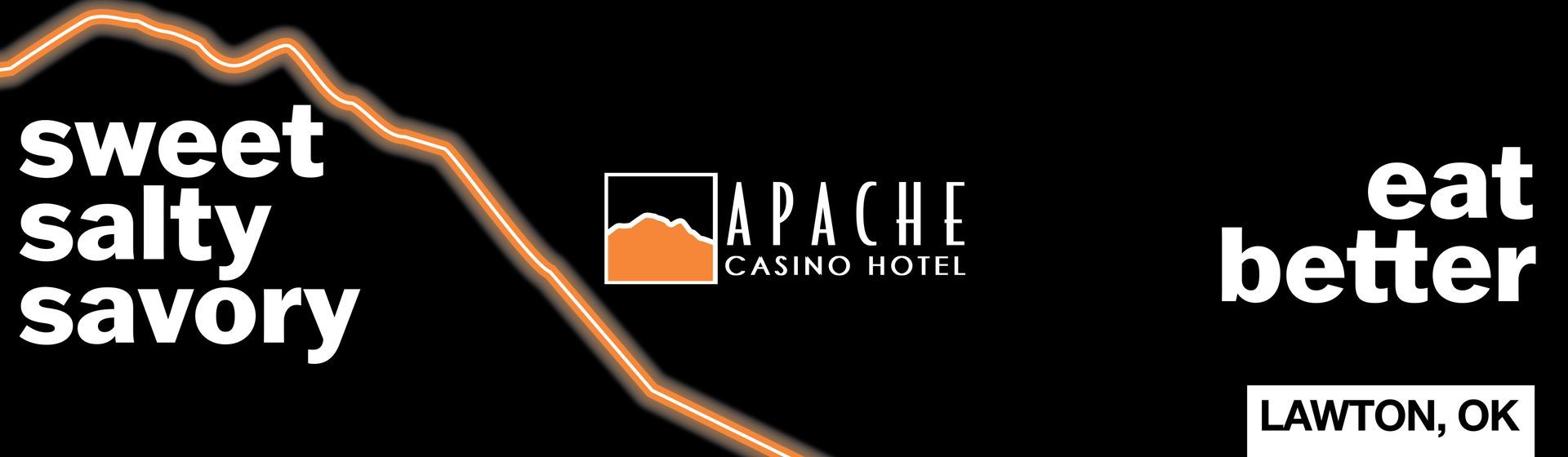 Four Apache Casino Hotel billboards stacked: pink for entertainment, orange for food, purple for the hotel, red for the property, each with a neon mountain line and a three-word headline.