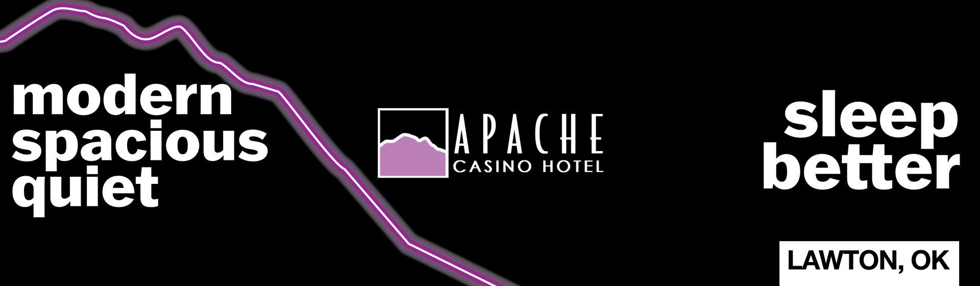 Four Apache Casino Hotel billboards stacked: pink for entertainment, orange for food, purple for the hotel, red for the property, each with a neon mountain line and a three-word headline.