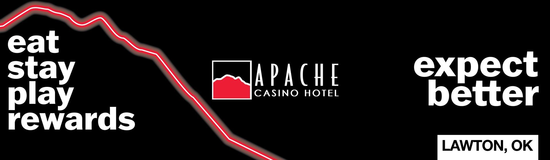 Four Apache Casino Hotel billboards stacked: pink for entertainment, orange for food, purple for the hotel, red for the property, each with a neon mountain line and a three-word headline.