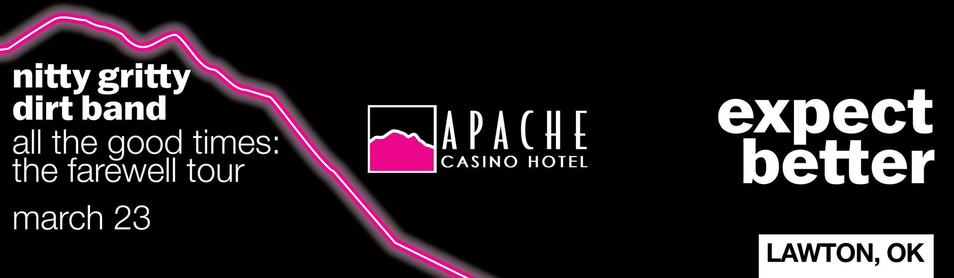 Four Apache Casino Hotel billboards stacked: pink for entertainment, orange for food, purple for the hotel, red for the property, each with a neon mountain line and a three-word headline.